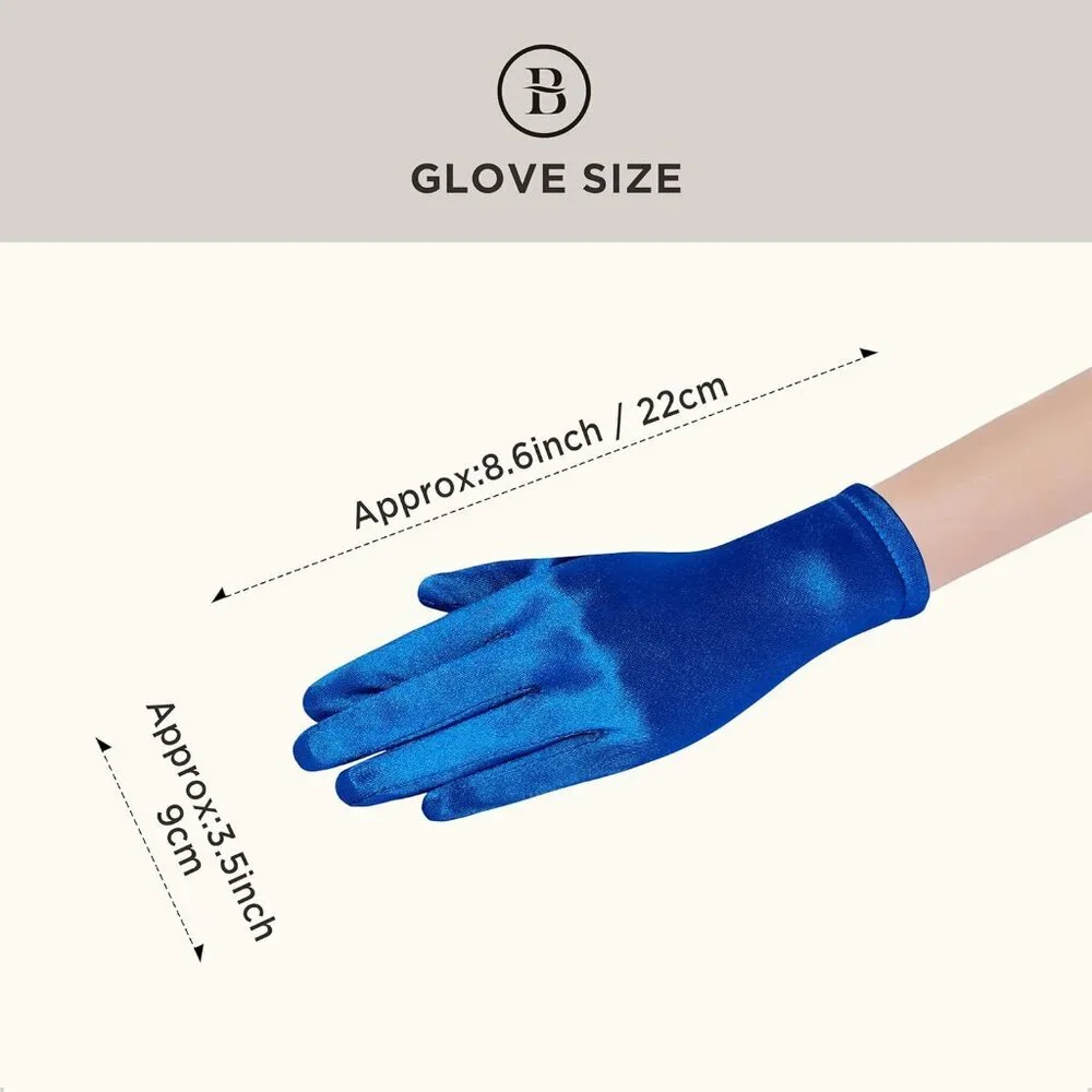Women's Short Blue Satin Silk Gloves Banquet Wedding Party Costume Accessories
